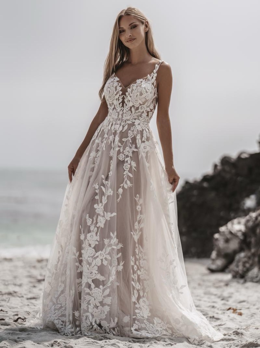 Allure Bridals Ivory and Nude Floral Lace A-Line Wedding Dress